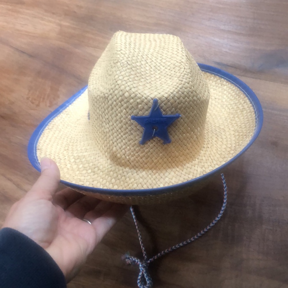 Natural Little Kids Woven Straw Hat w/Blue Trim, Sheriff Star and Soft Chin Rope
